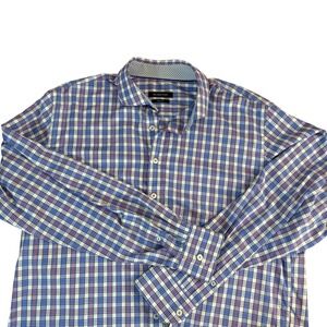 BUGATCHI Mens Classic Fit Plaid Dress Shirt Long Sleeve Blue Red White